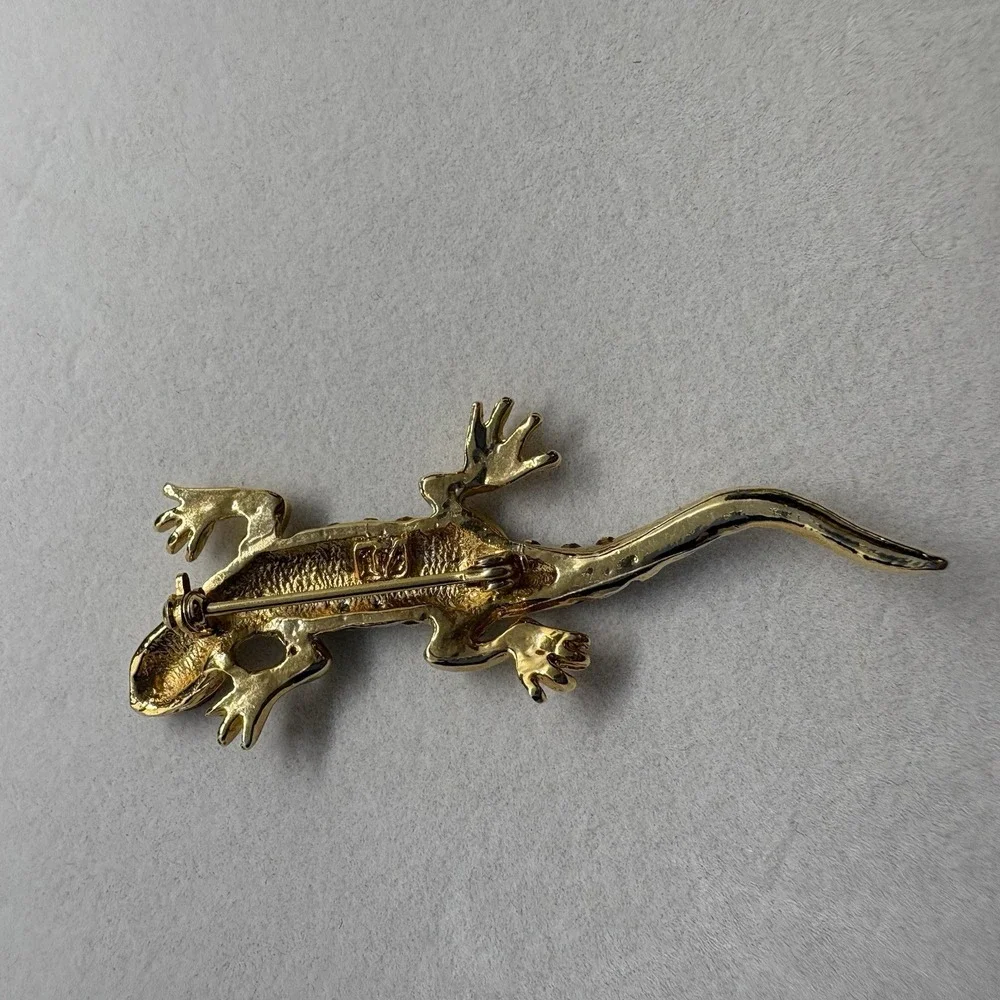 Vintage Gold Tone‎ & Rhinestones Lizard Brooch Pin